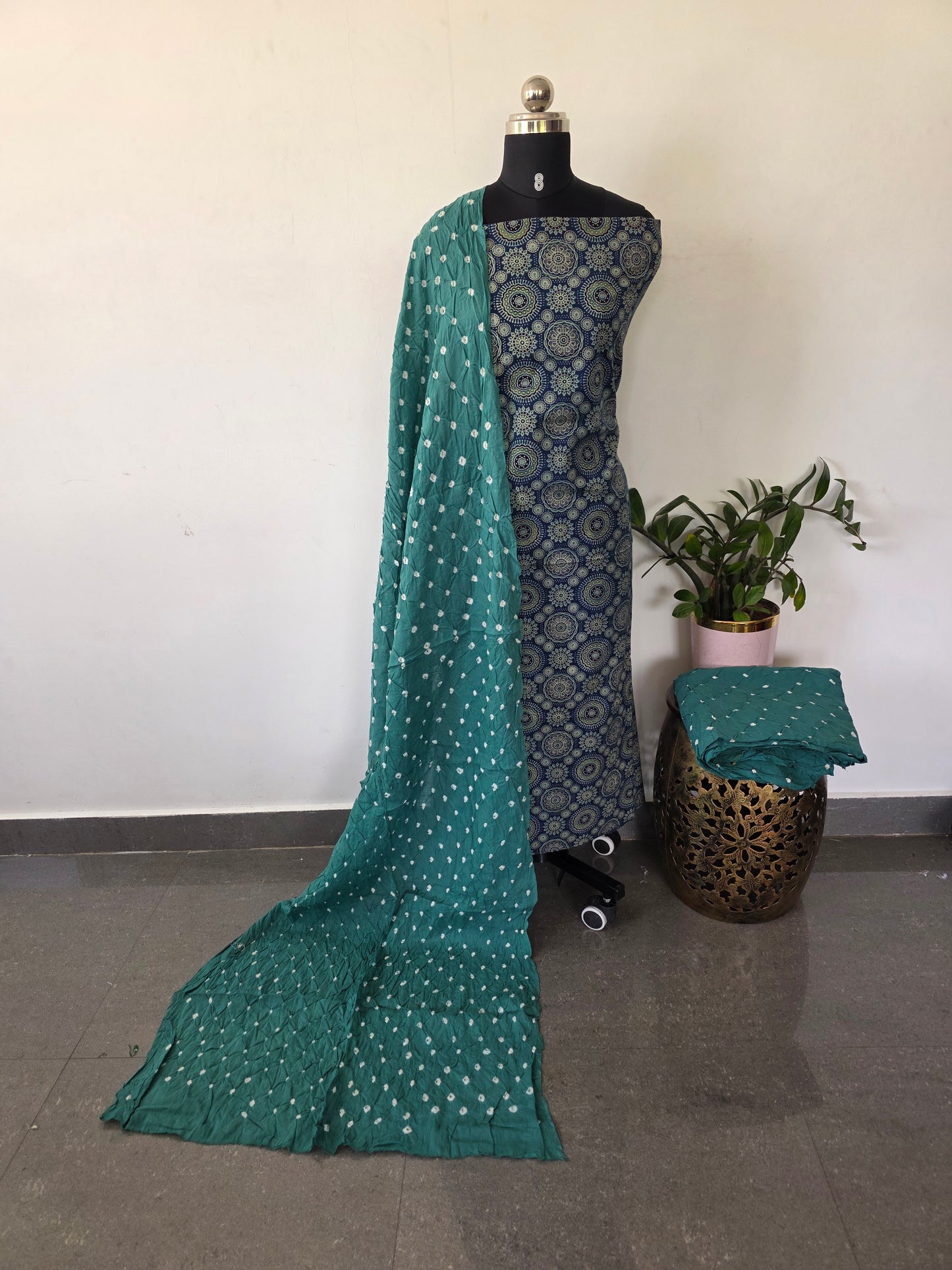 Handcrafted ajrakh cotton set with bandhini duppatta- BAA108