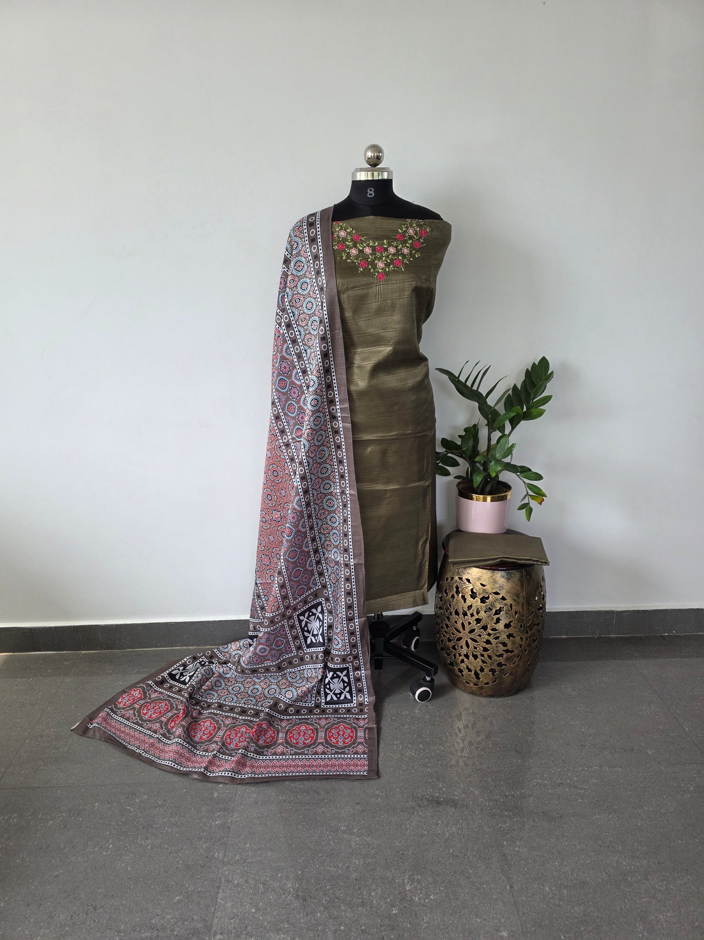 Fancy embroidery silk top with fancy ajrakh shawl - ff4