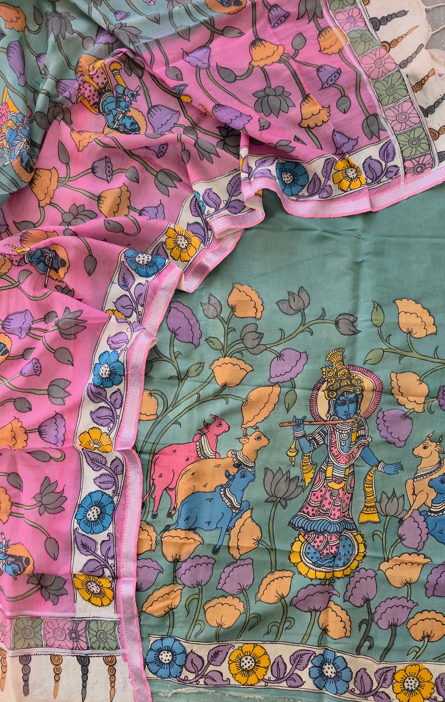 Handcrafted Kalahasthi Penkalamkari bangalore silk set - KH20