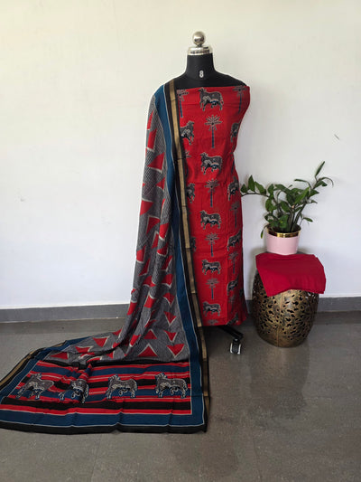 Ajrakh inspired semi maheshwari silk set-HZ381