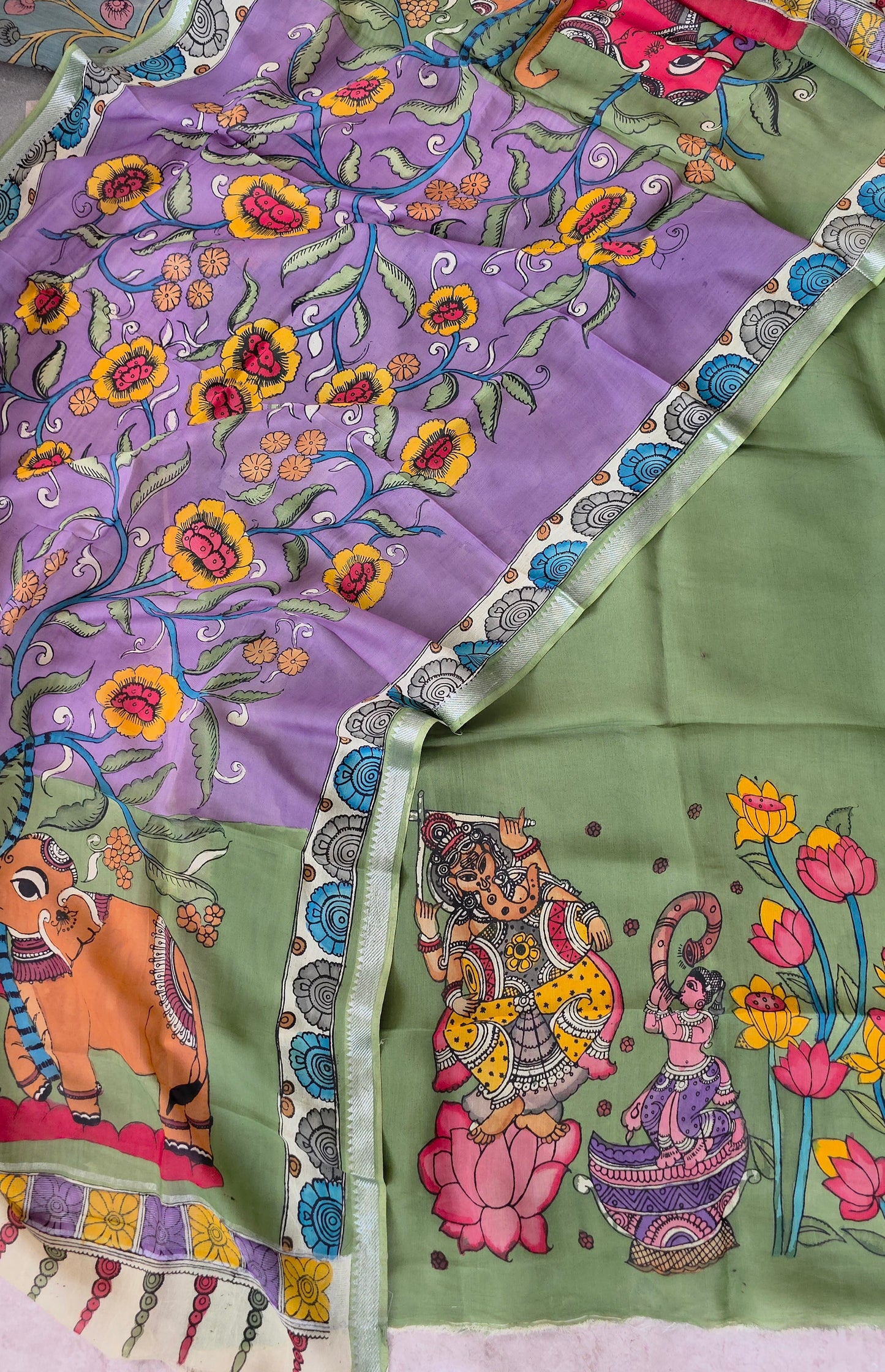 Handcrafted Kalahasthi Penkalamkari bangalore silk set - KH140