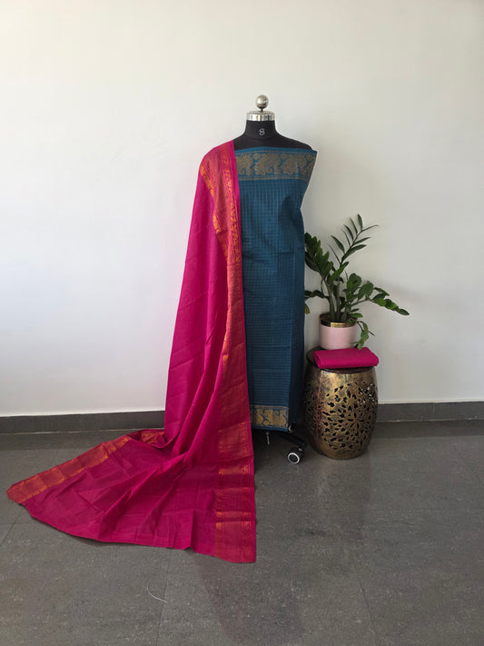 Madurai sungudi zari kattam salwar set -blue with pink