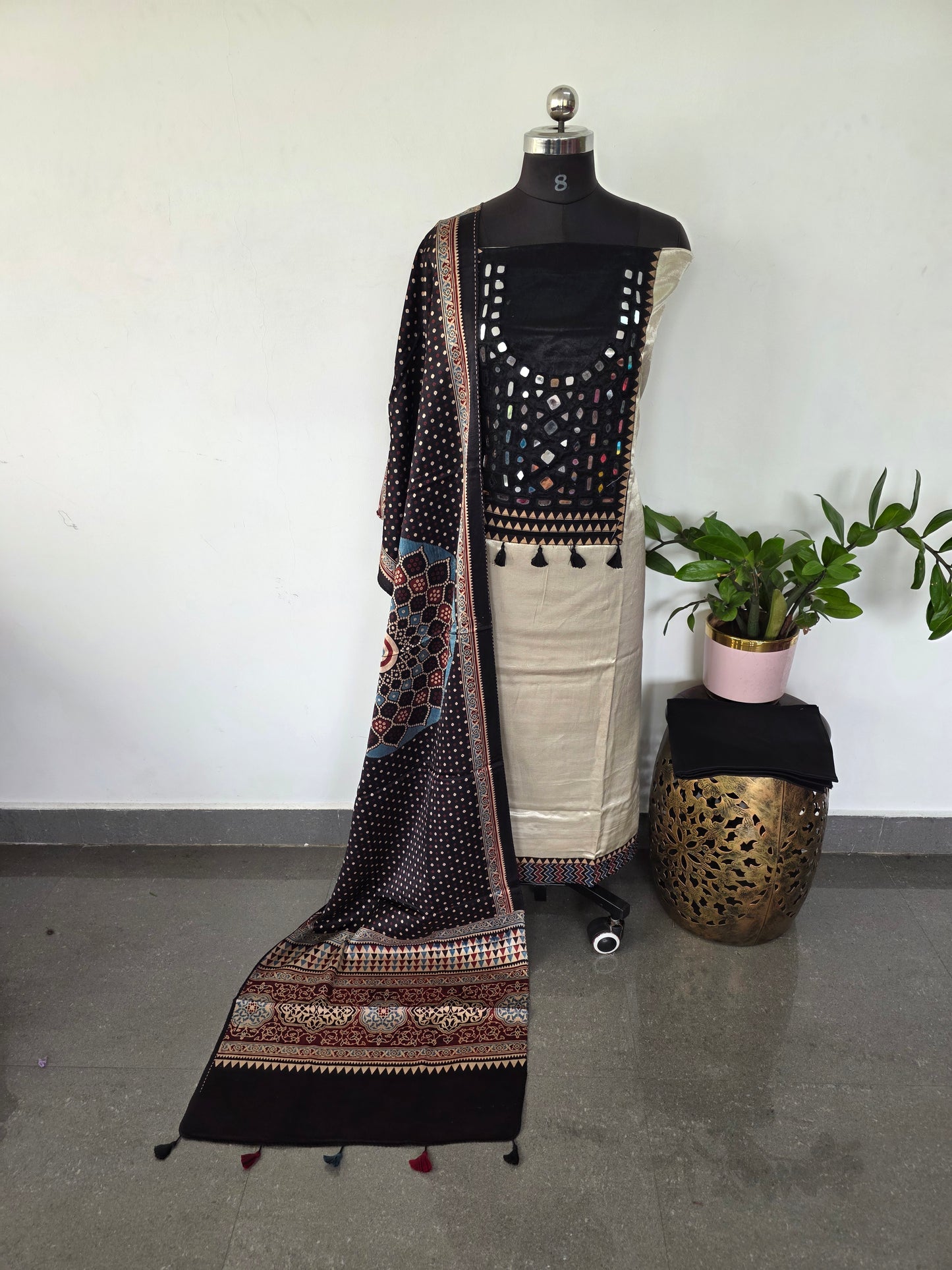 Handcrafted ajrakh kutch handwork mirror mashru silk set - HZ162