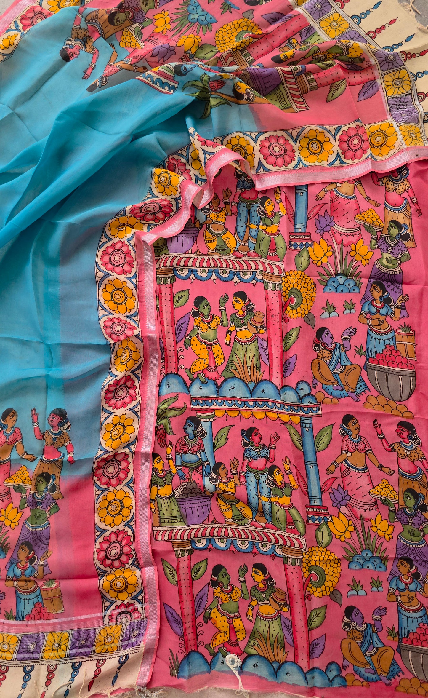 Handcrafted Kalahasthi Penkalamkari bangalore silk set - KH51