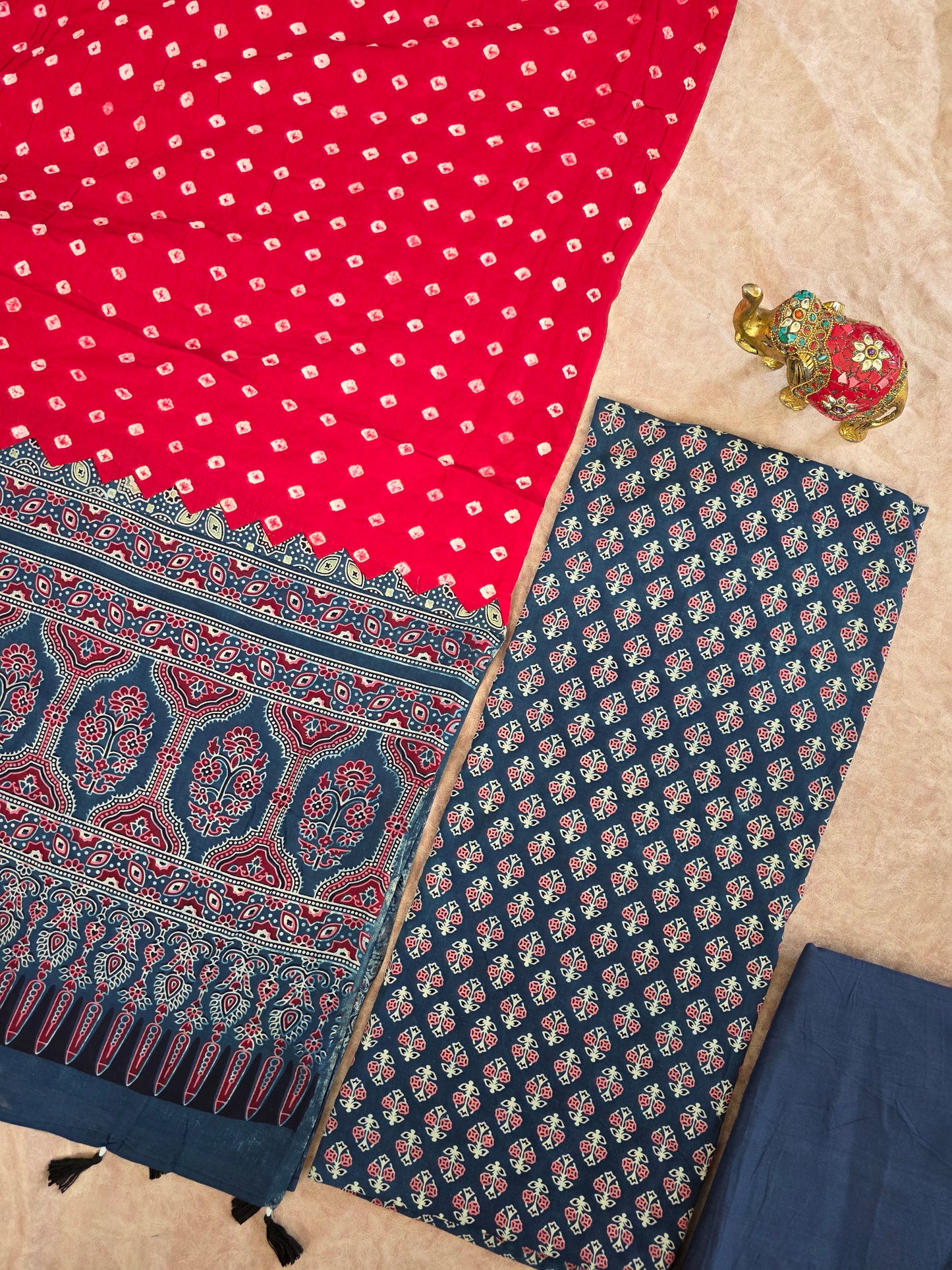 Handcrafted ajrakh cotton top with pure bandhani cotton shawl - BAA8