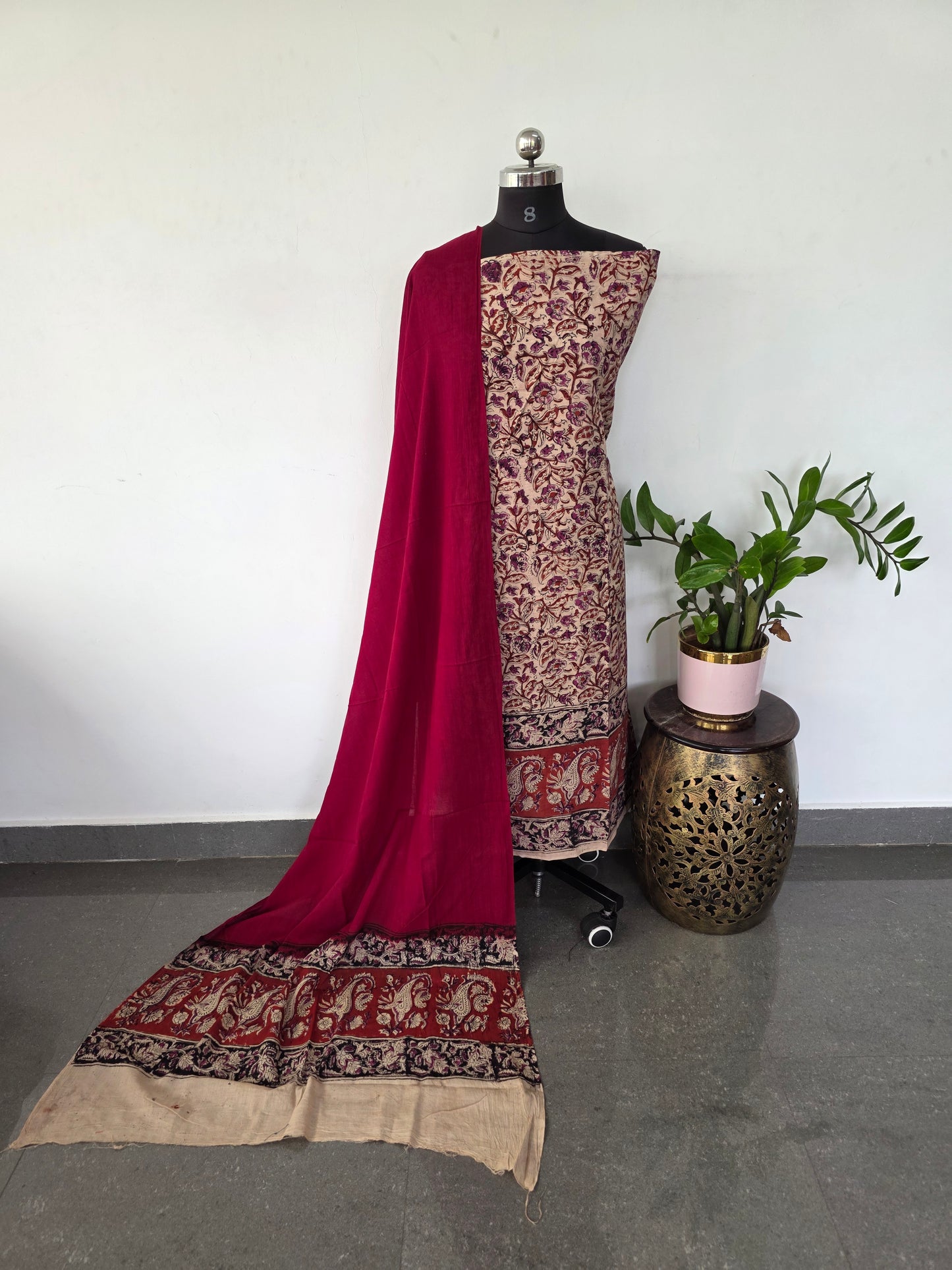 Handblock pure kalamkari cotton with border ( 2 pc set )- AK193