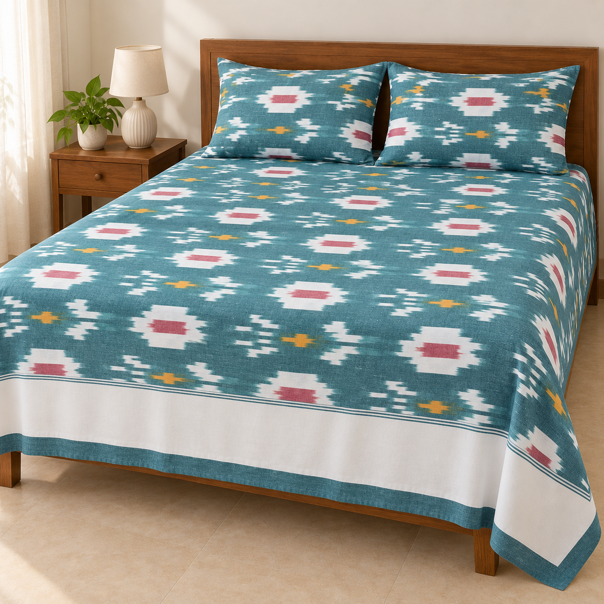 Warp ikkat bed sheets (90*108 2/40s bedsheet with pillow) -WW669