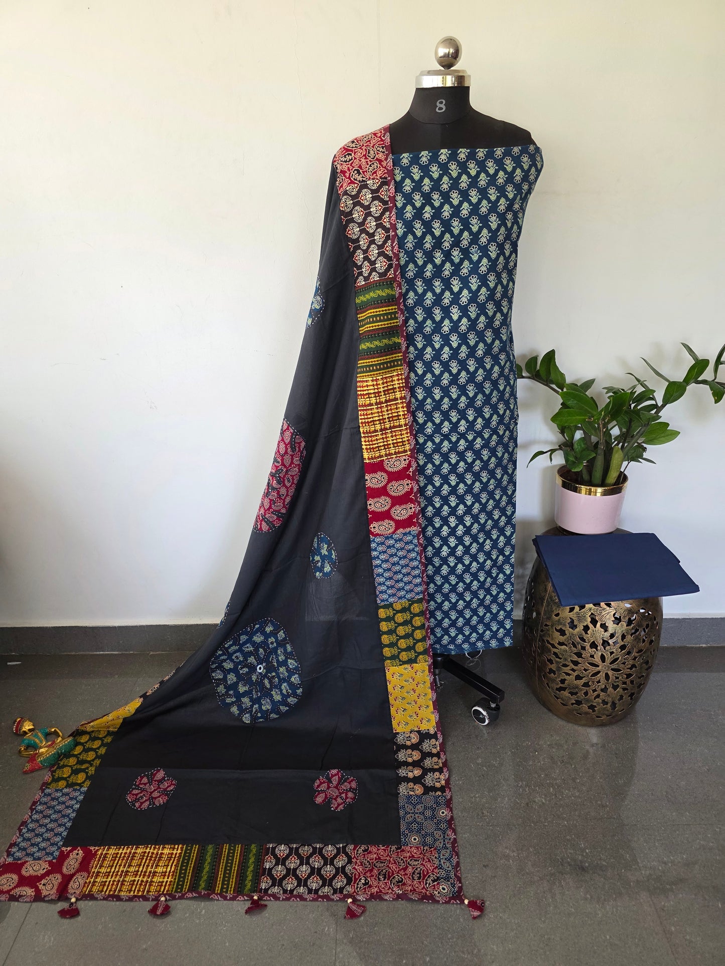 Handcrafted ajrakh cotton top with applique cotton shawl - BAA37
