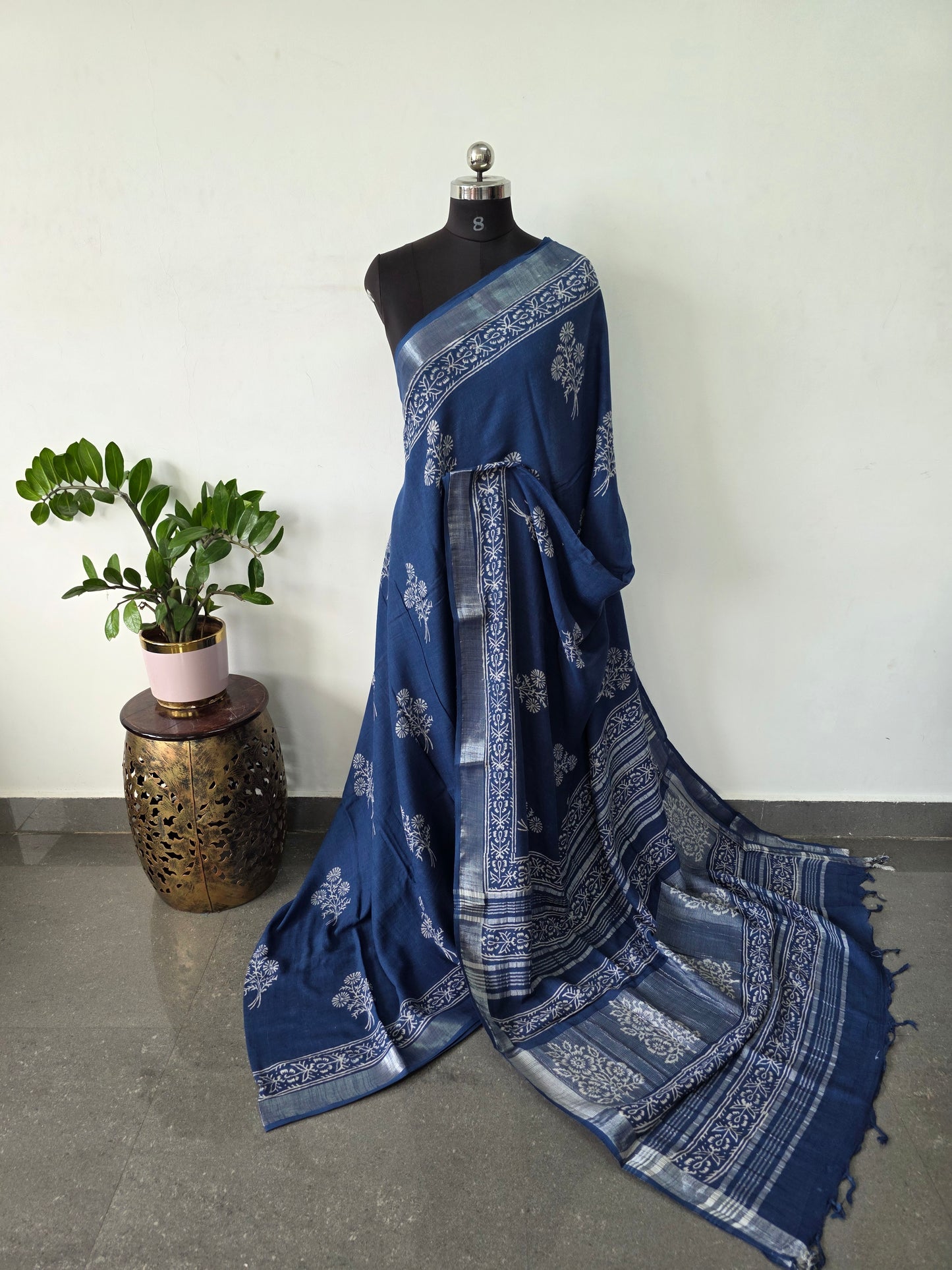 Handblock Jaipuri linen cotton saree - JA820