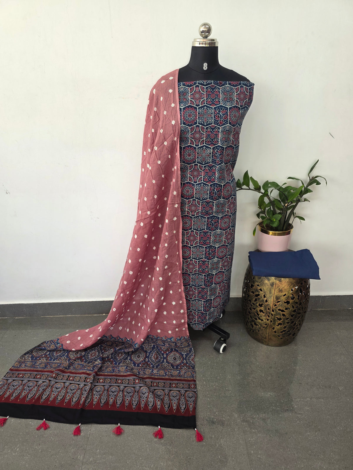 Handcrafted ajrakh cotton set with bandhini duppatta-HZ358