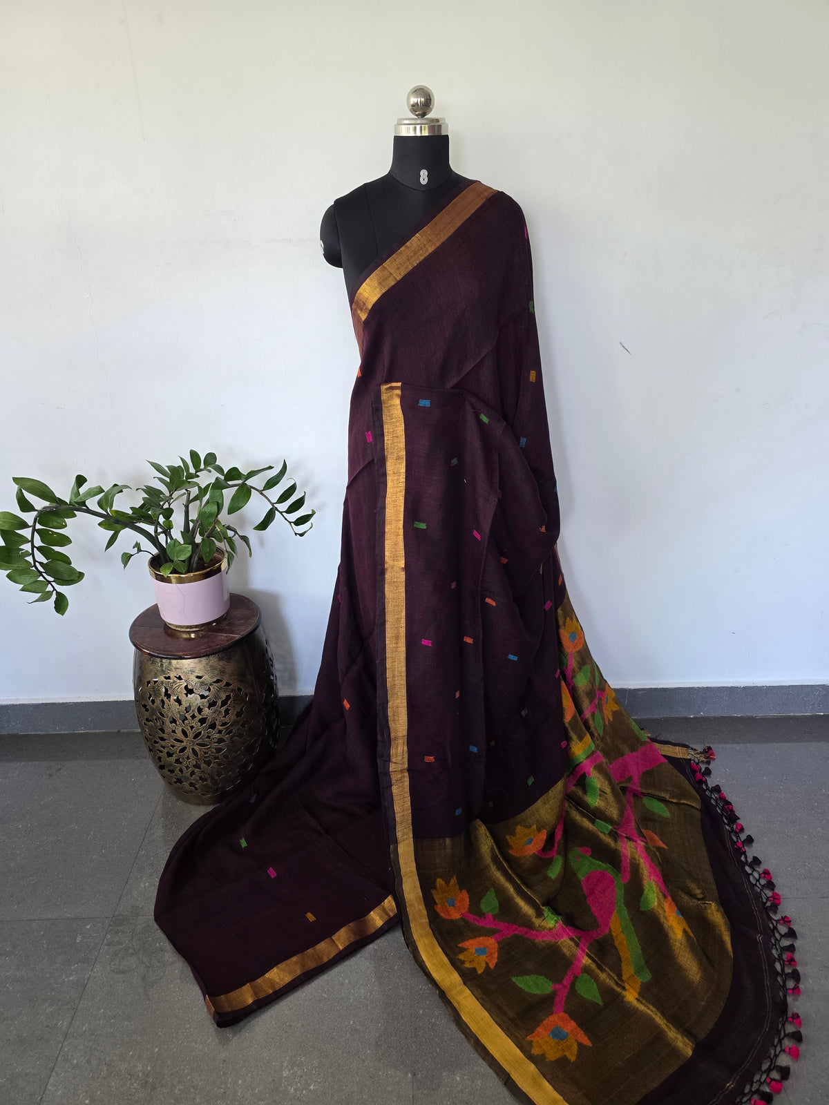 Premium handloom linen jamdhani paithani saree(Brown) - JMM549