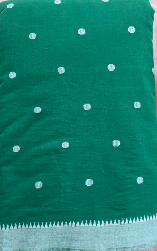 Pure handloom cotton with polka dots with temple border running material ( 2.50 mtrs) - green