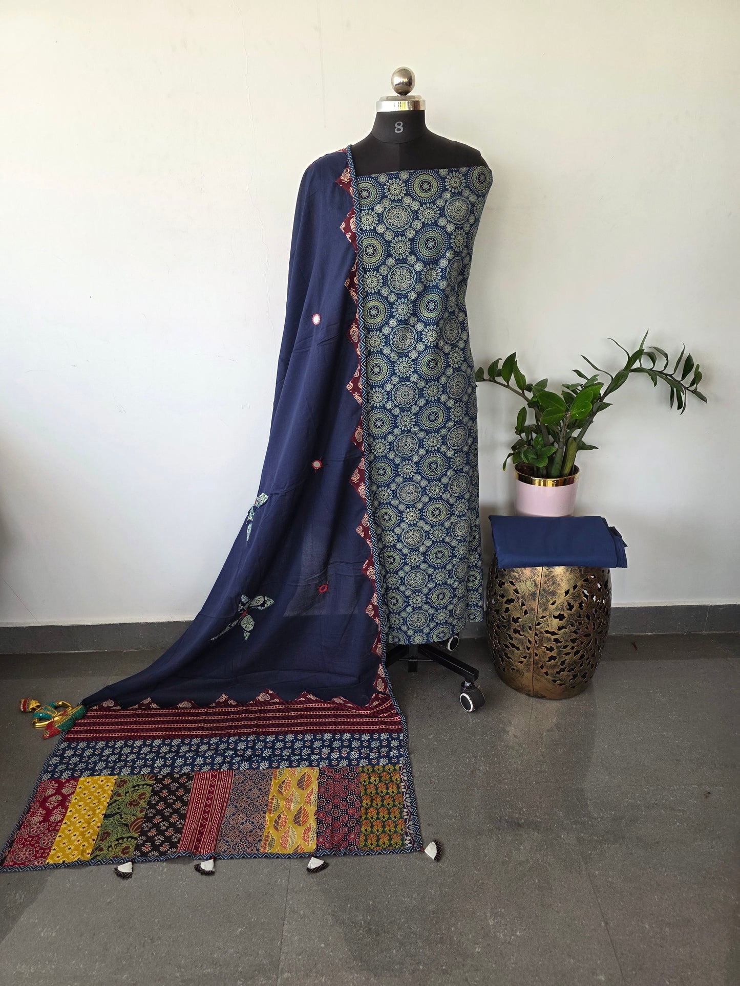 Handcrafted ajrakh cotton top with applique cotton shawl - BAA57