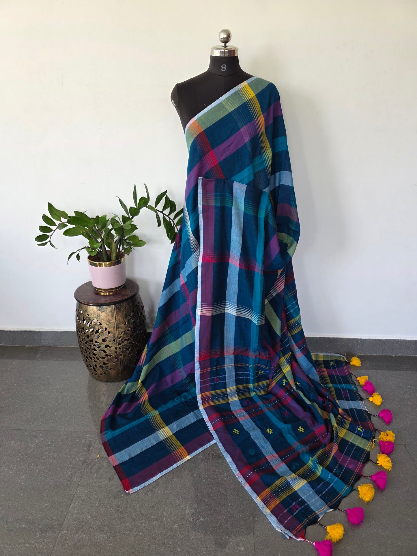 Malai cotton checked West Bengal saree - BB609