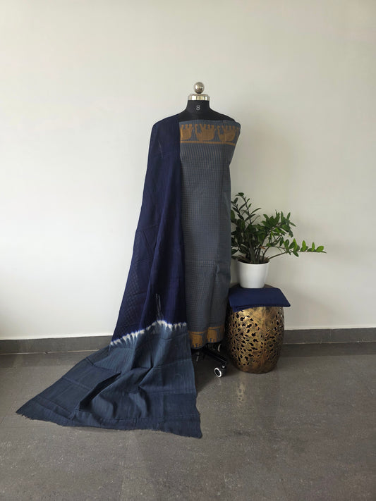 Madurai sungudi zari kattam salwar set - grey with blue