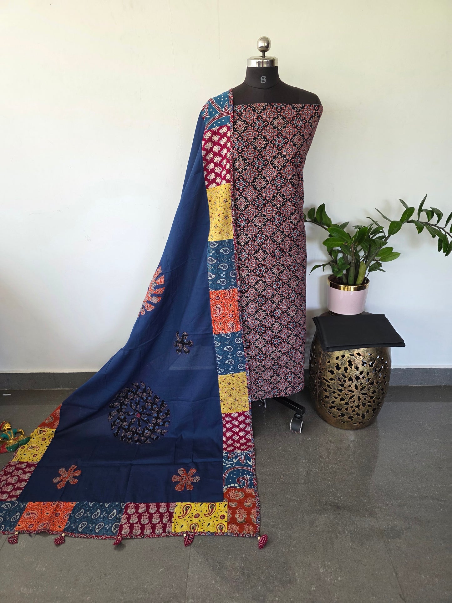 Handcrafted ajrakh cotton top with applique cotton shawl - BAA40