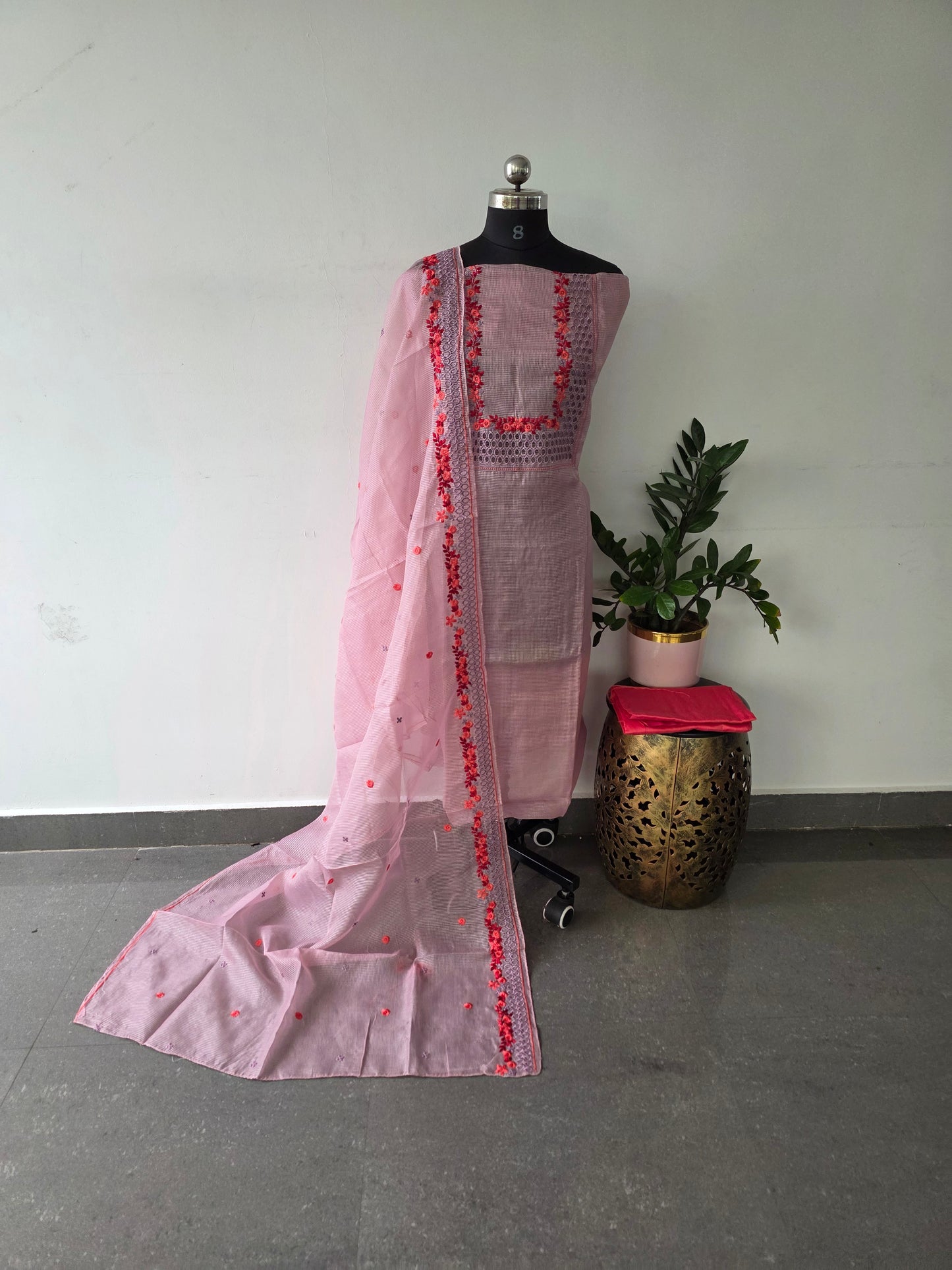 Fancy organza checks set with embroidery and cut work - 3