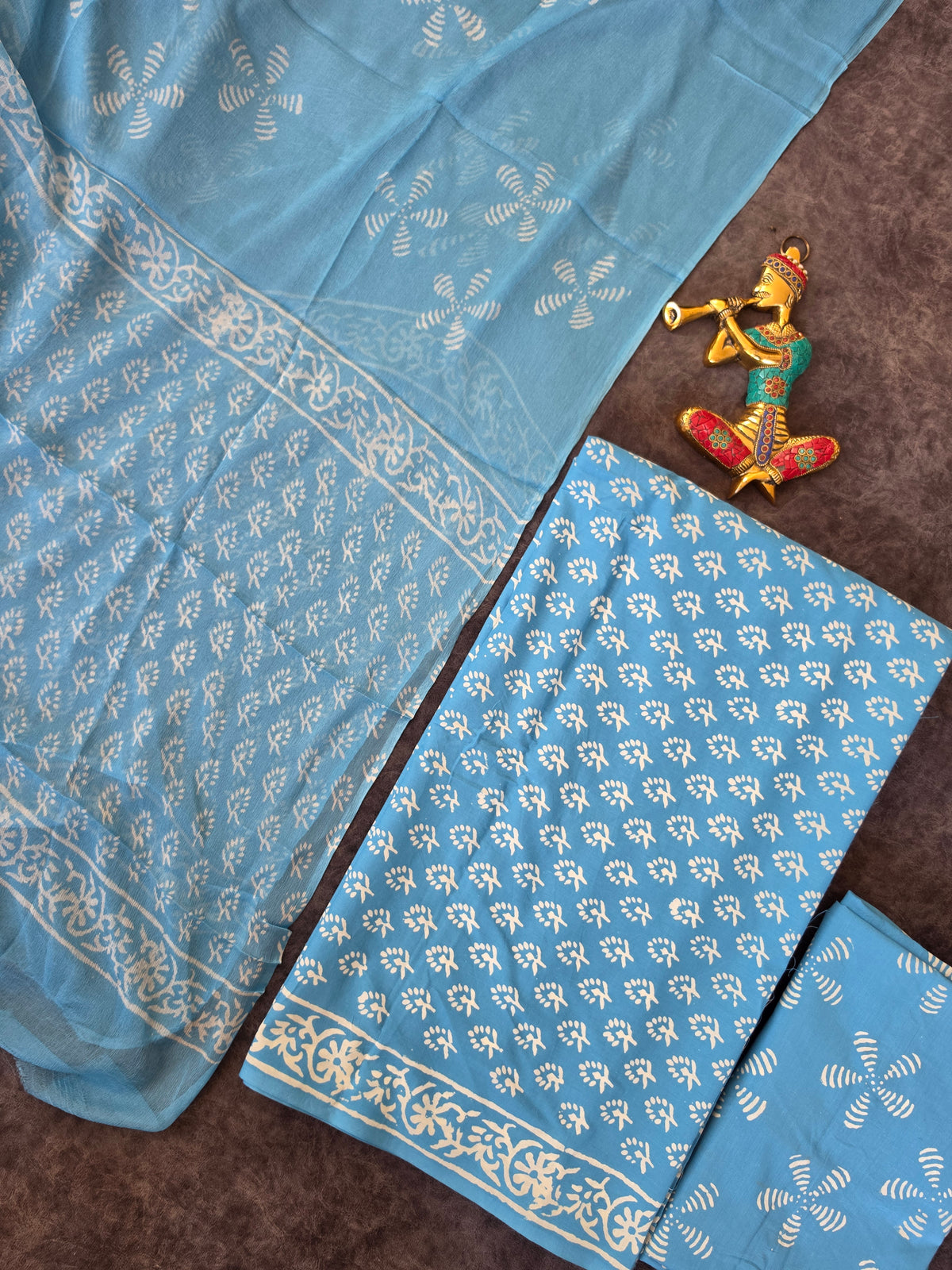 Handblock jaipuri cotton with chiffon duppatta- JA599