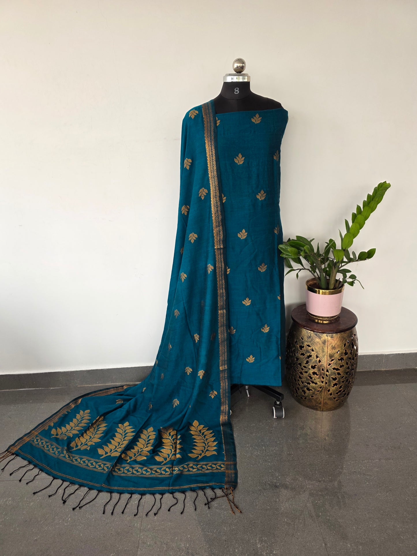 Handloom Mul Moonga cotton jamdhani set (Rama blue) - JMM124
