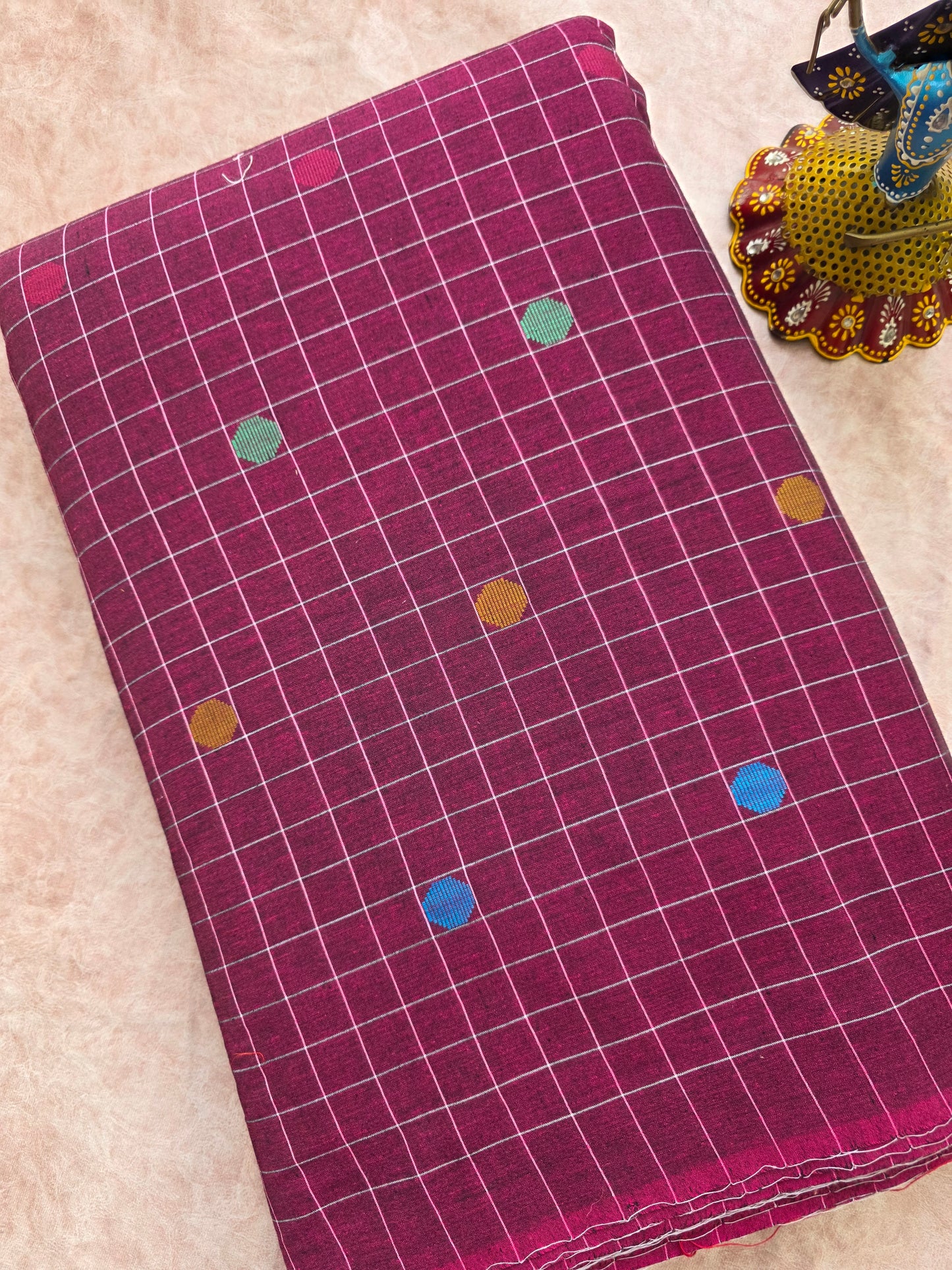 Pure handloom checked cotton running material ( 2.50 mtrs ) - wine