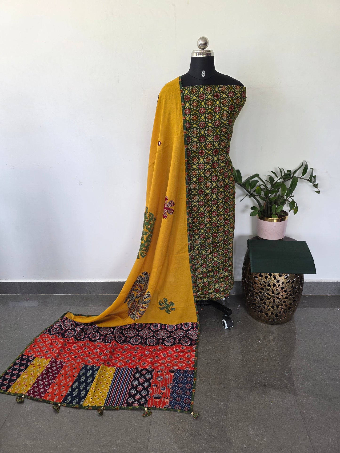 Handcrafted ajrakh cotton set with kantha applique mirror cotton shawl - BAA103