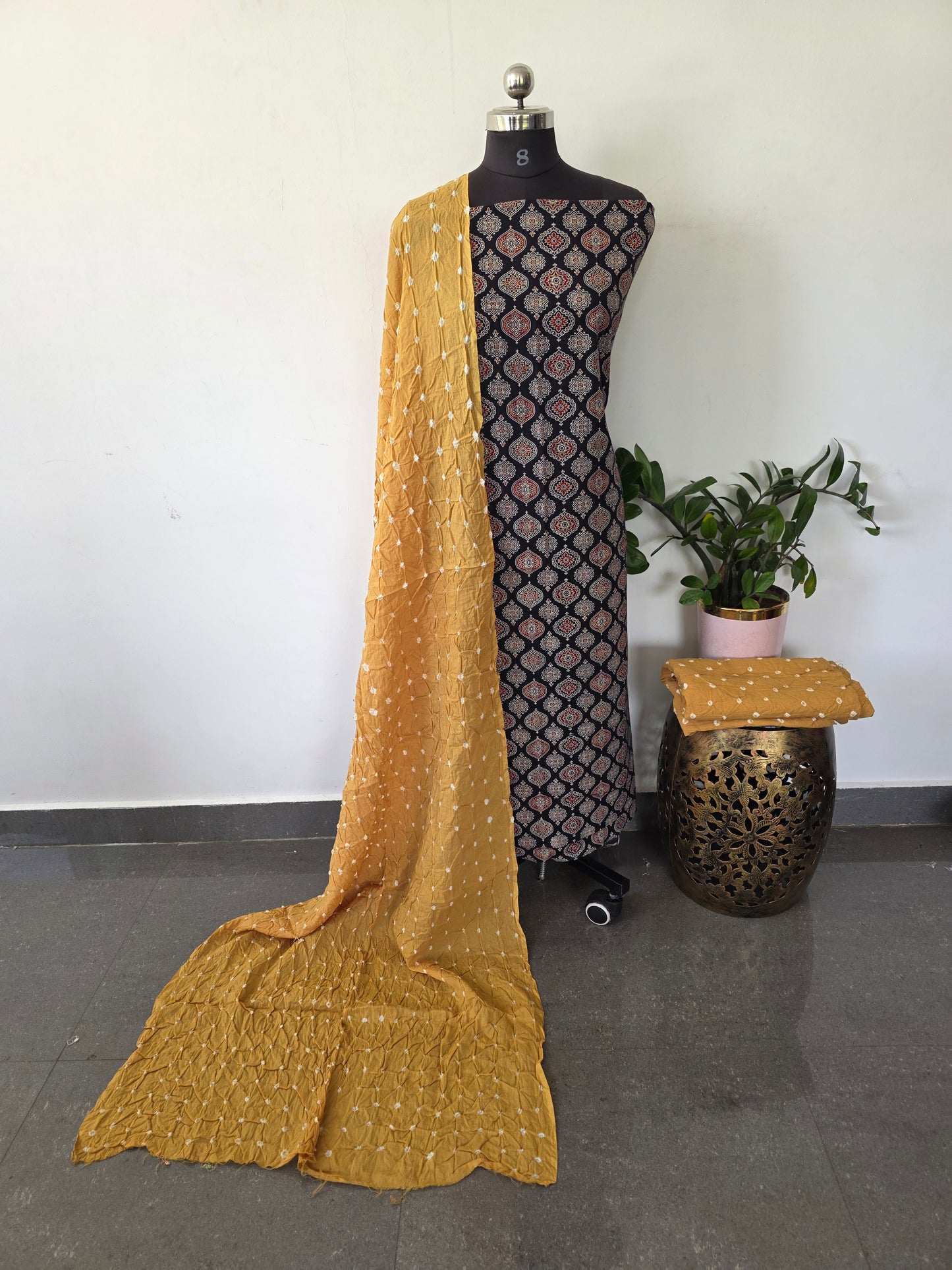 Handcrafted ajrakh cotton set with bandhini duppatta- BAA109