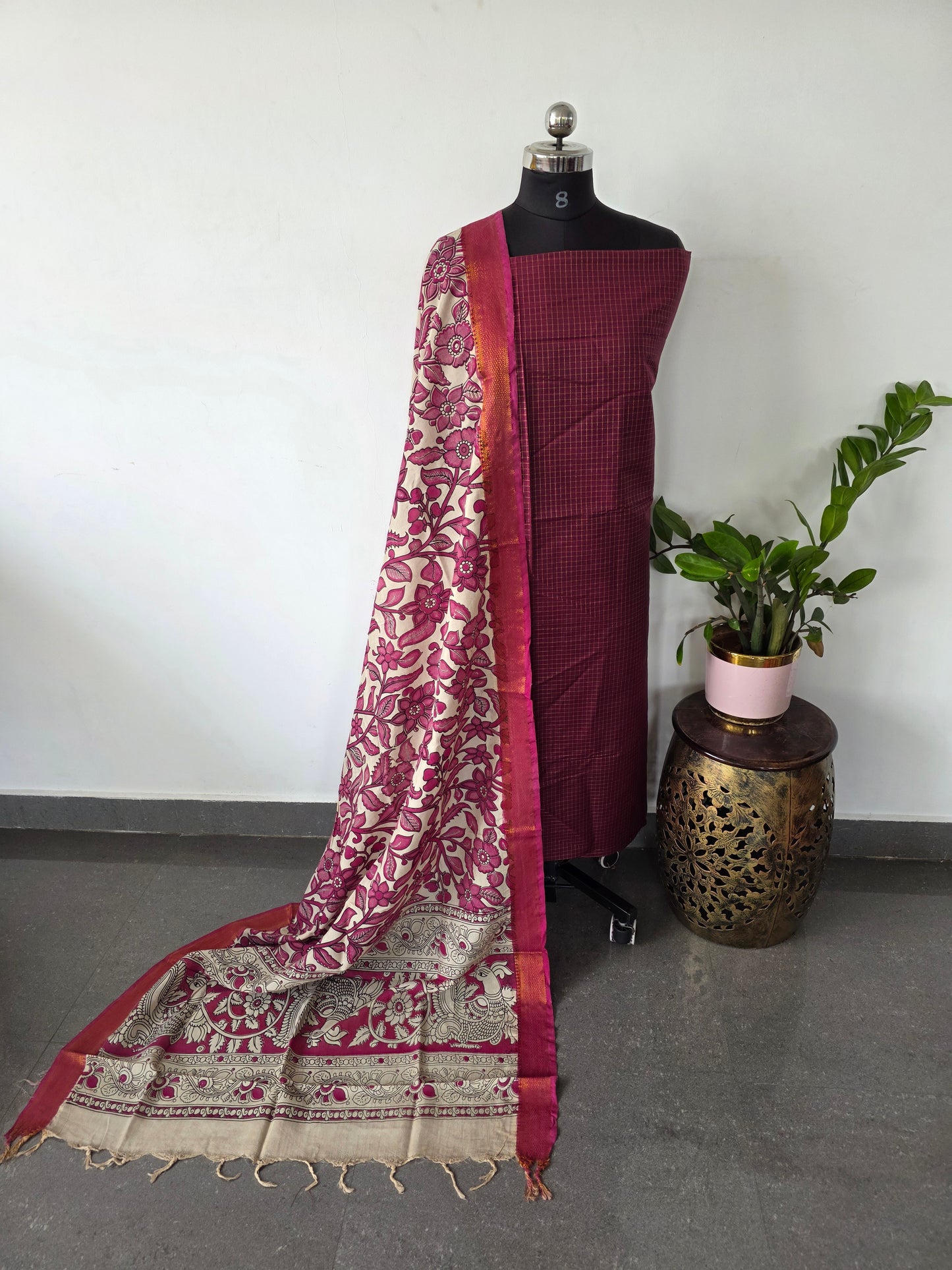 Premium semi raw silk set with kalamkari silk shawl - POS78