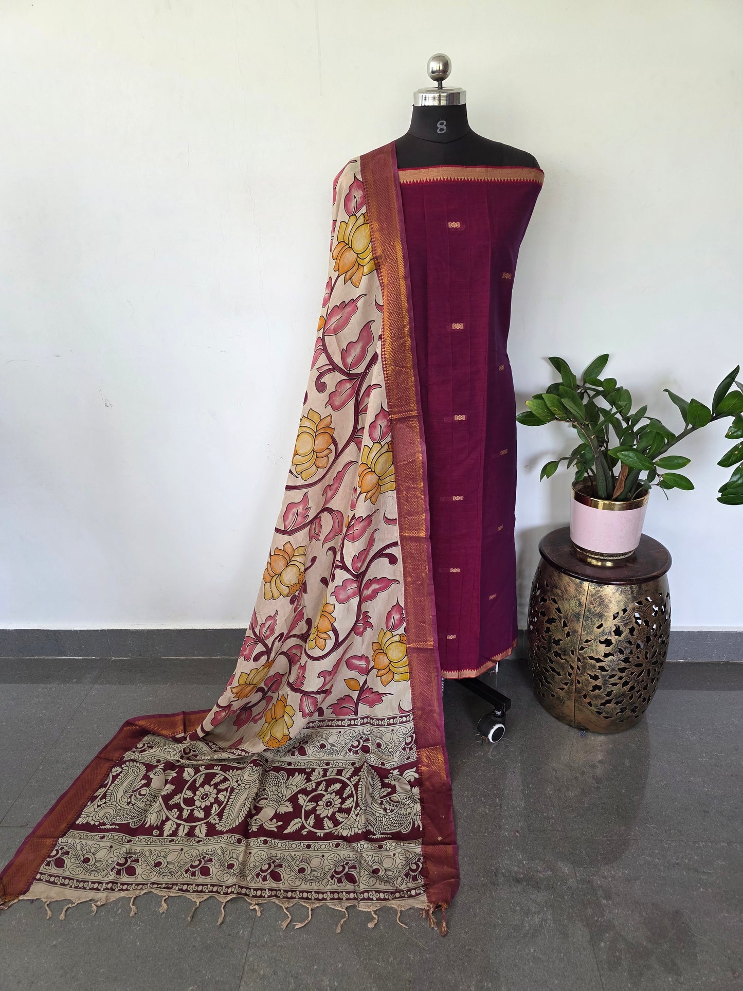 Fusion Narayanapet with handcrafted chennuri silk kalamkari duppatta - NA510