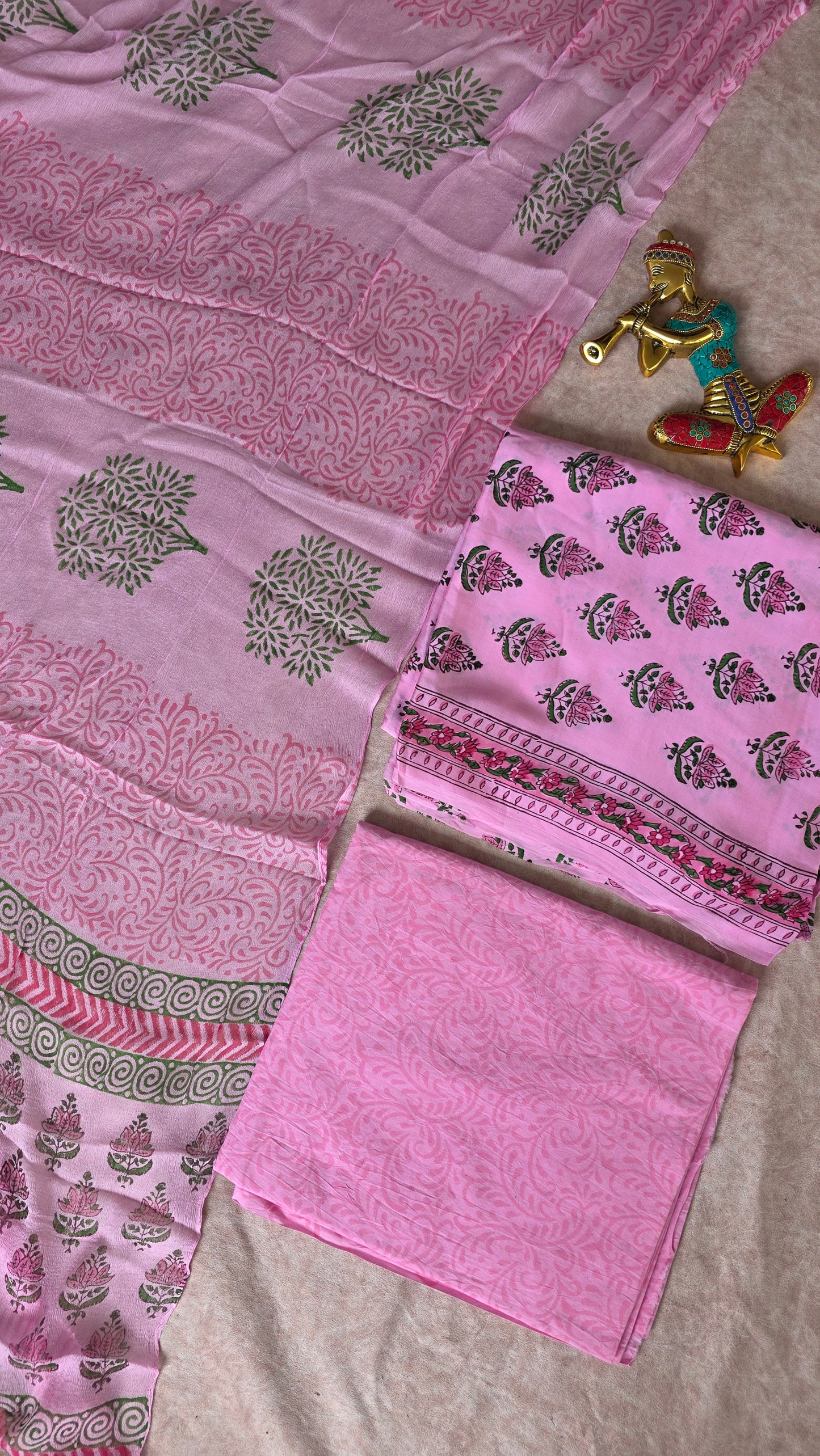 Handblock Jaipuri soft modal silk set with chiffon shawl- JA770