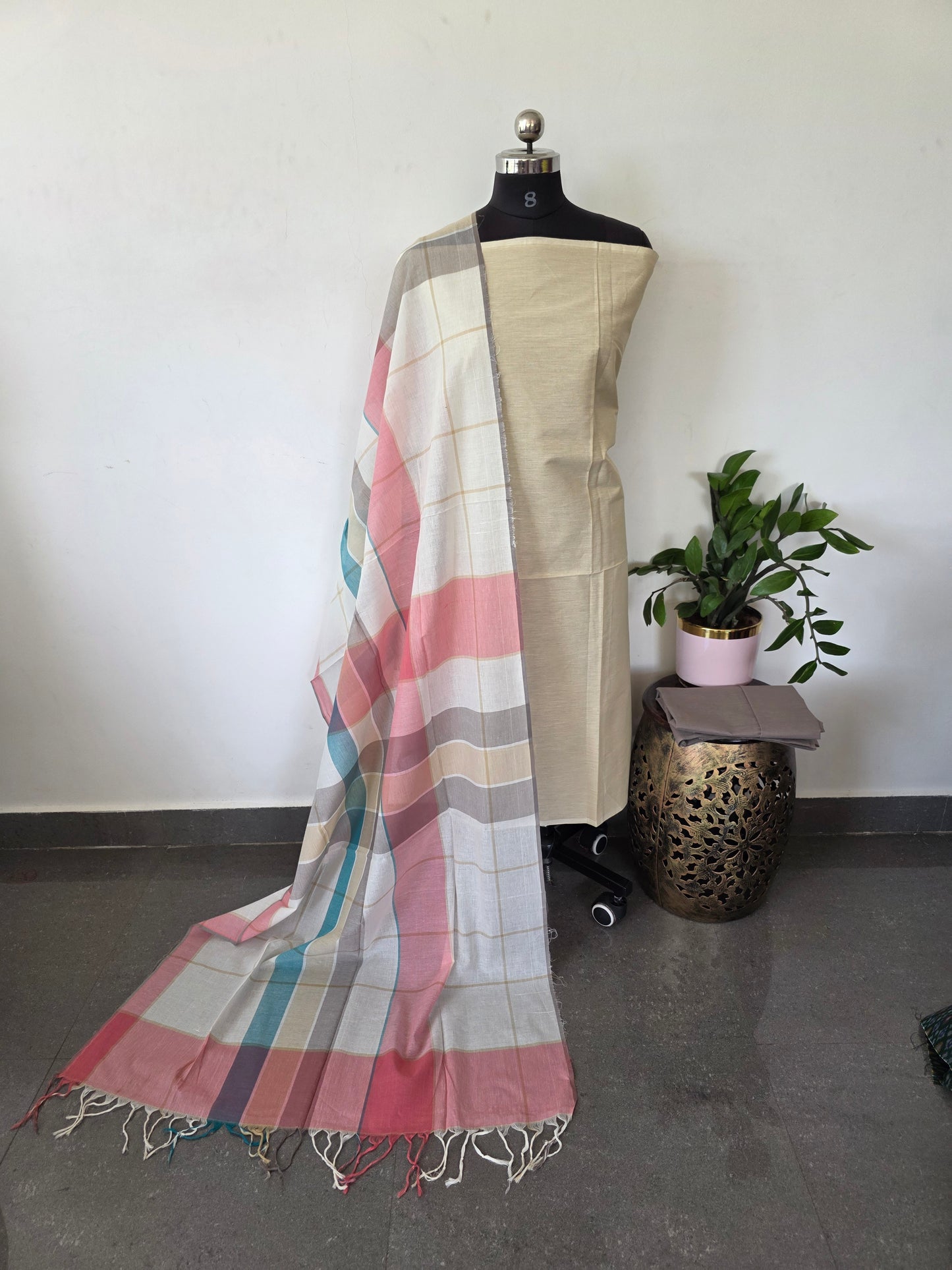Pure south cotton set with checks duppatta - PCS28