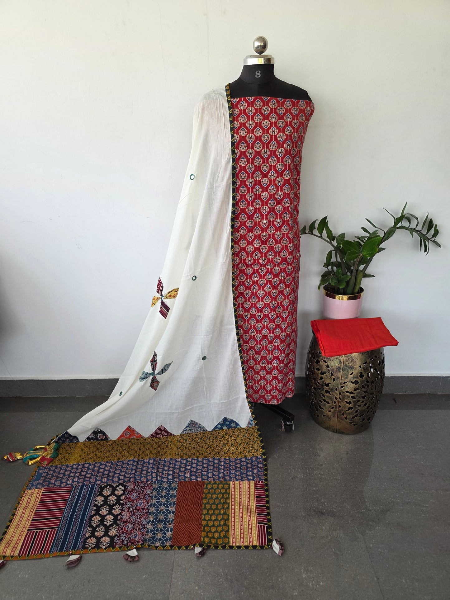 Handcrafted ajrakh cotton top with applique cotton shawl - BAA59