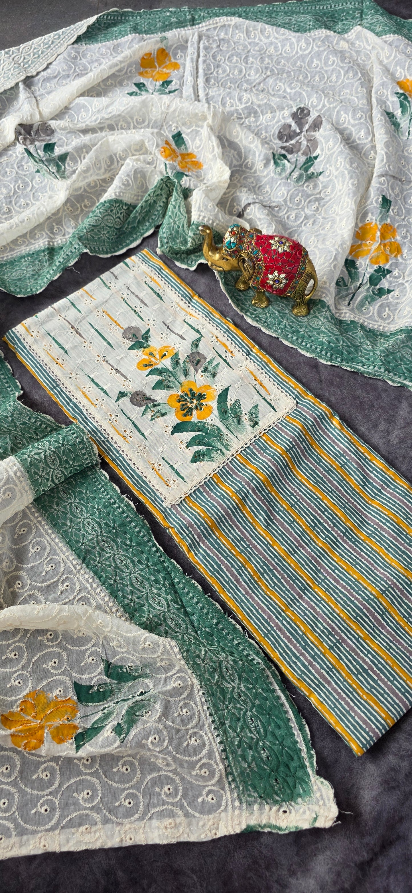 Premium handpainted pure cotton set - green