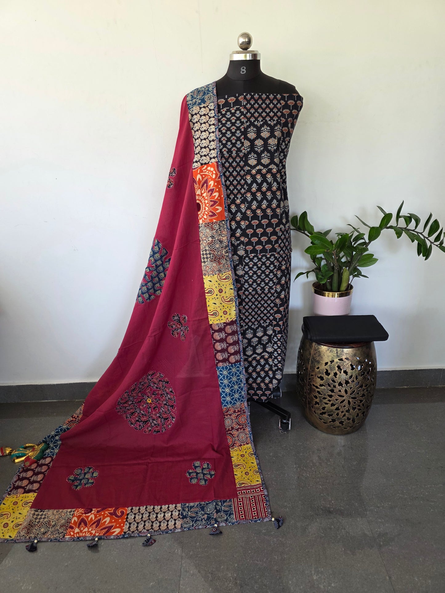 Handcrafted ajrakh cotton top with applique cotton shawl - BAA25
