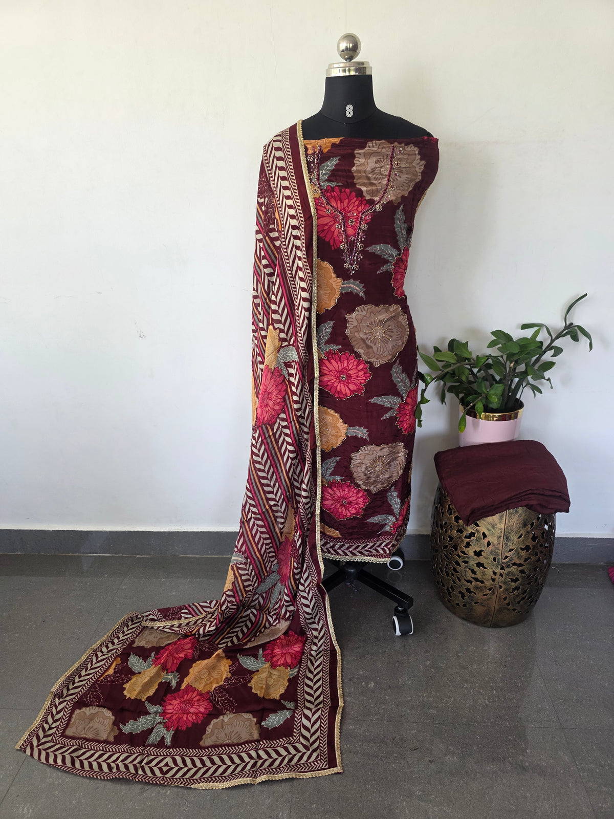 Glass viscose organza silk with handwork embroidery set (Maroon)-FS16