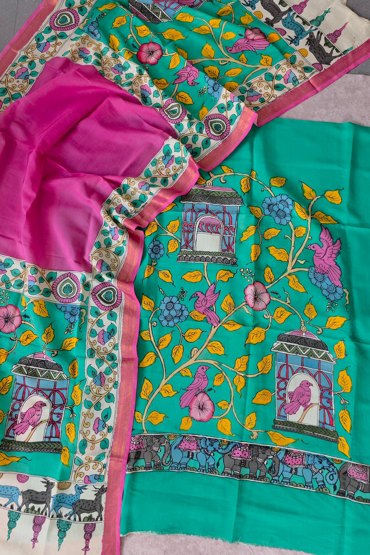 Handcrafted Kalahasthi Penkalamkari bangalore silk set - KH160