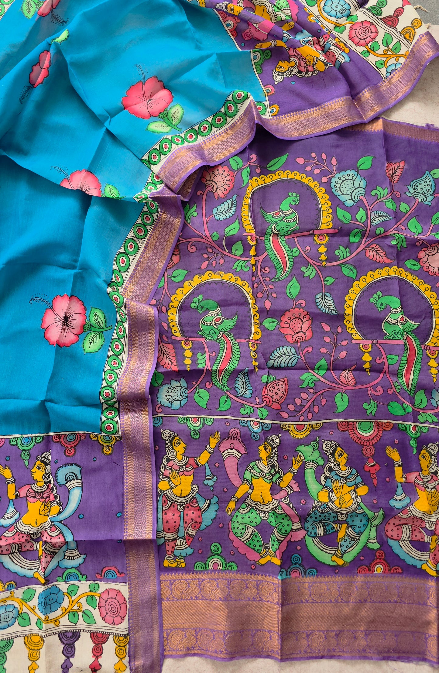 Handcrafted Kalahasthi Penkalamkari bangalore silk set - KH13