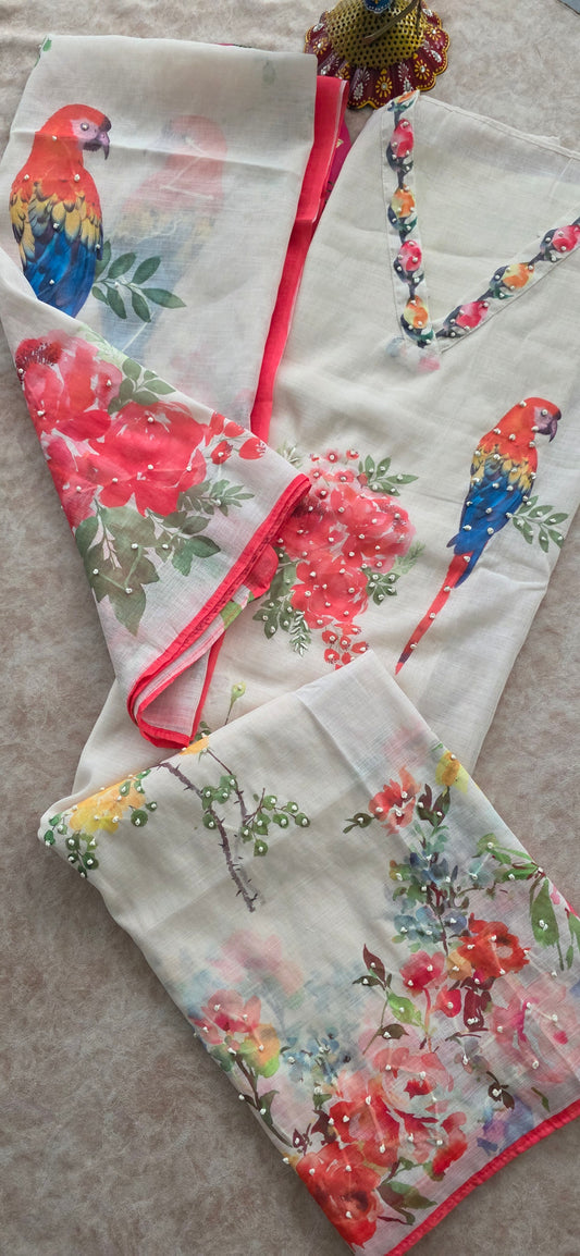 Premium linen cotton set - peach parrot