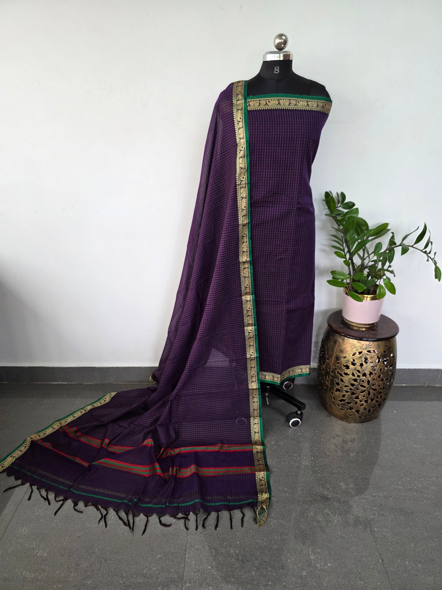 Checked Mercerised narayanapet salwar set with elephant border (4.5 meters)- NA419