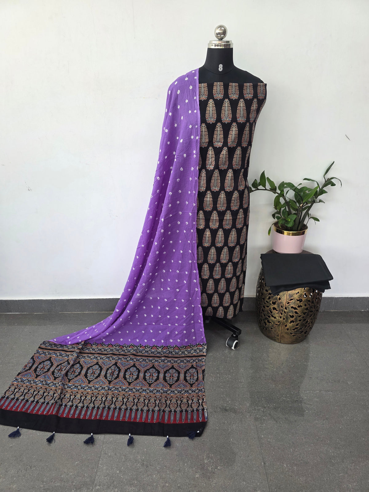 Handcrafted ajrakh cotton set with bandhini duppatta(Black)-HZ361