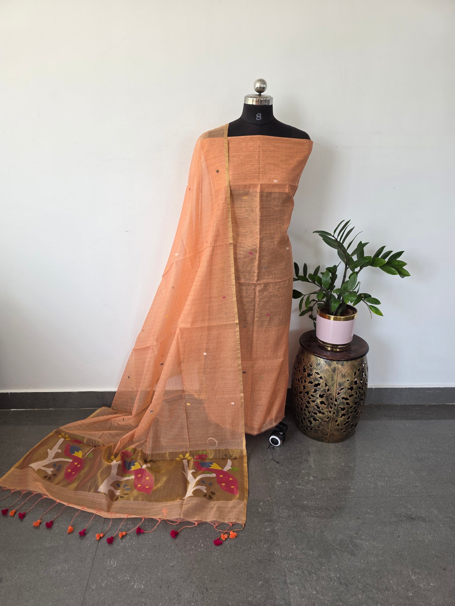 Premium zari checked muslin paithani jamdhani set - JM10