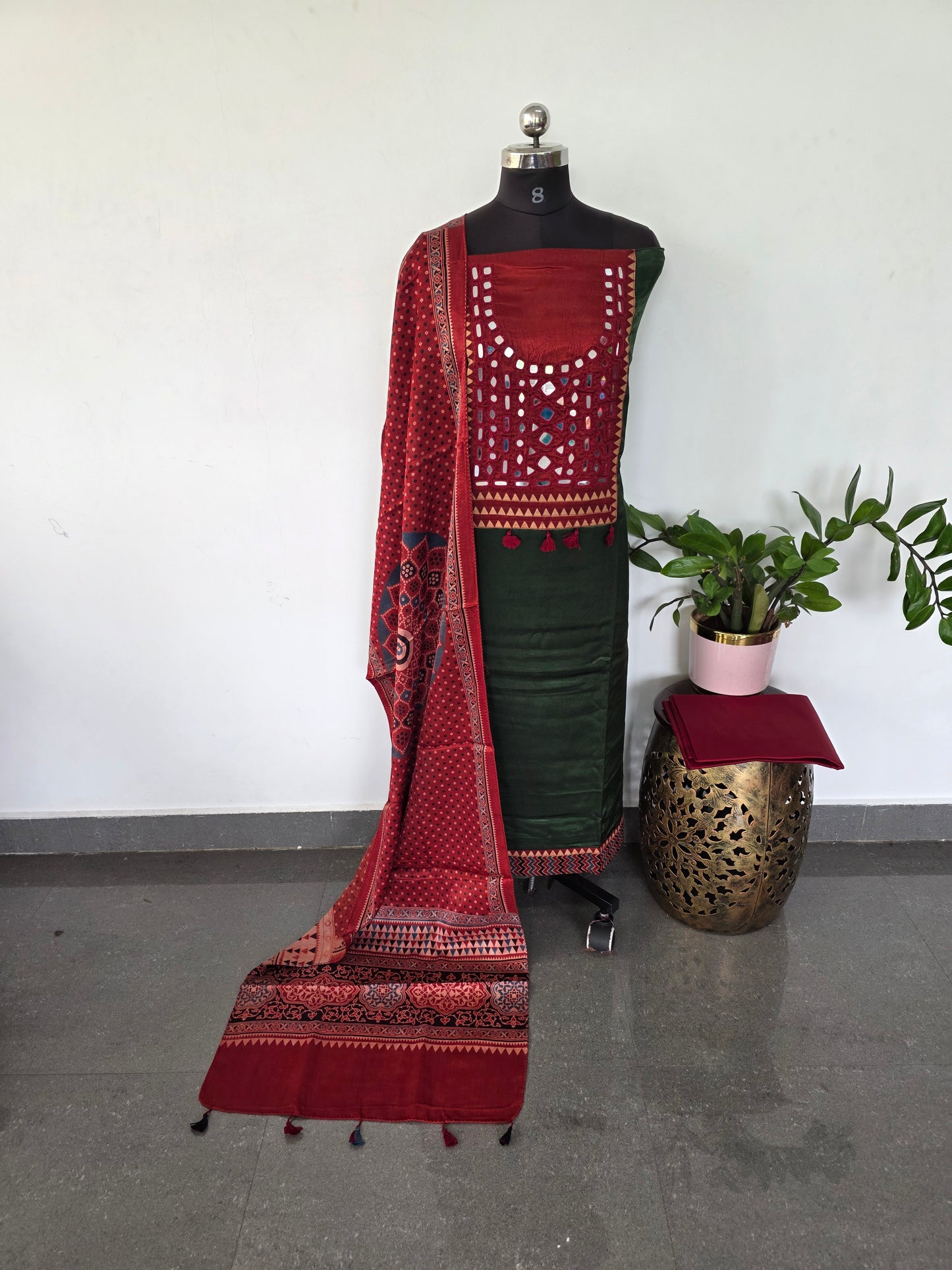 Handcrafted ajrakh kutch handwork mirror mashru silk set - HZ156