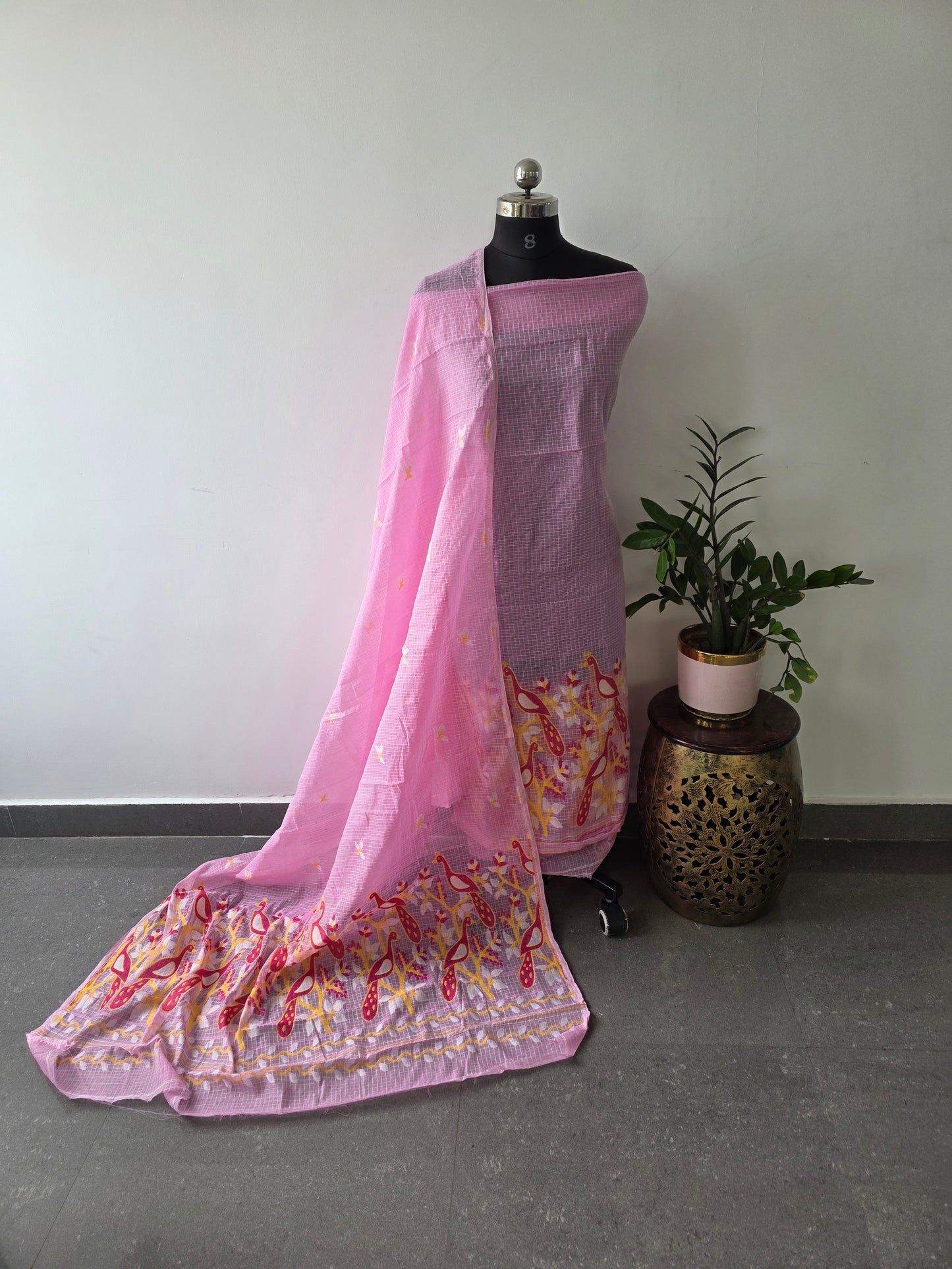 Checked silk cotton jamdhani set - AV47