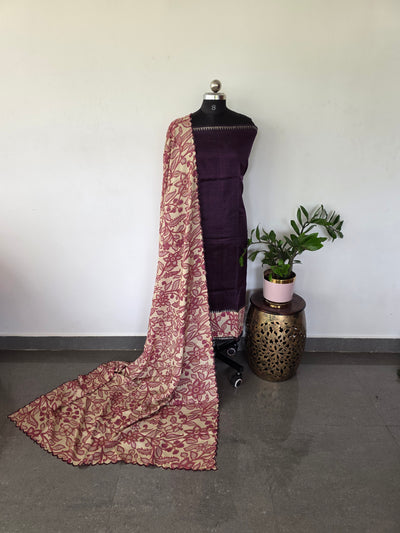 Handloom fusion mangalagiri kalamkari gap border silk salwar set - AK279