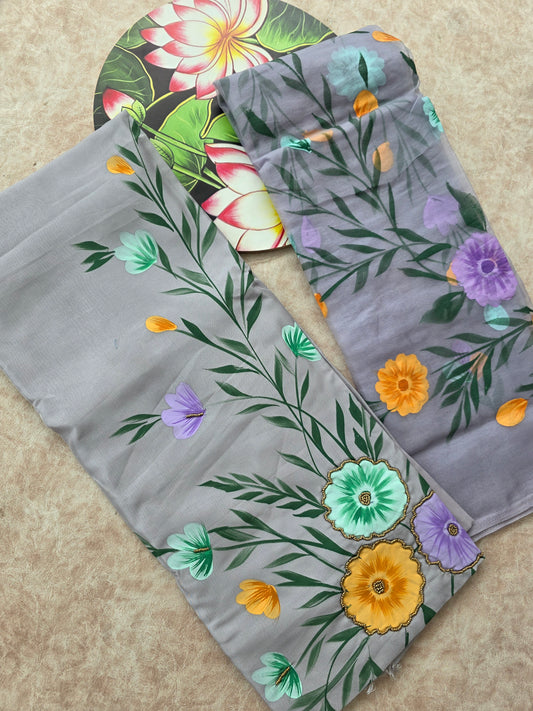 Premium handpainted soft organza silk top handwork embroidery - 1