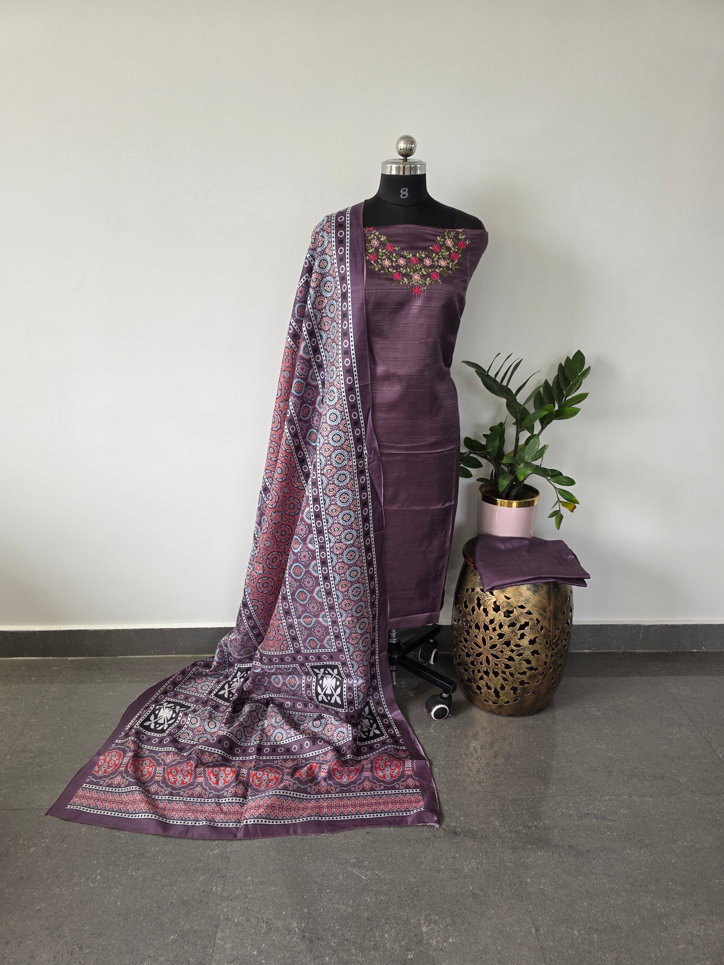 Fancy embroidery silk top with fancy ajrakh silk shawl - ff1