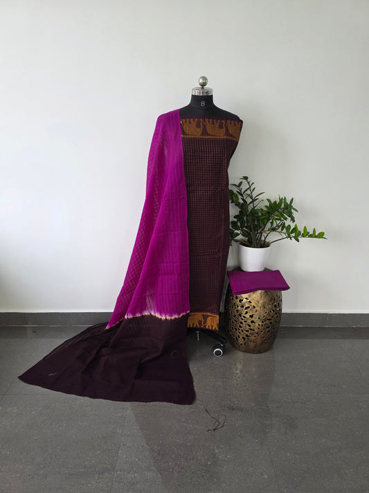 Madurai sungudi zari kattam salwar set - brown with pink