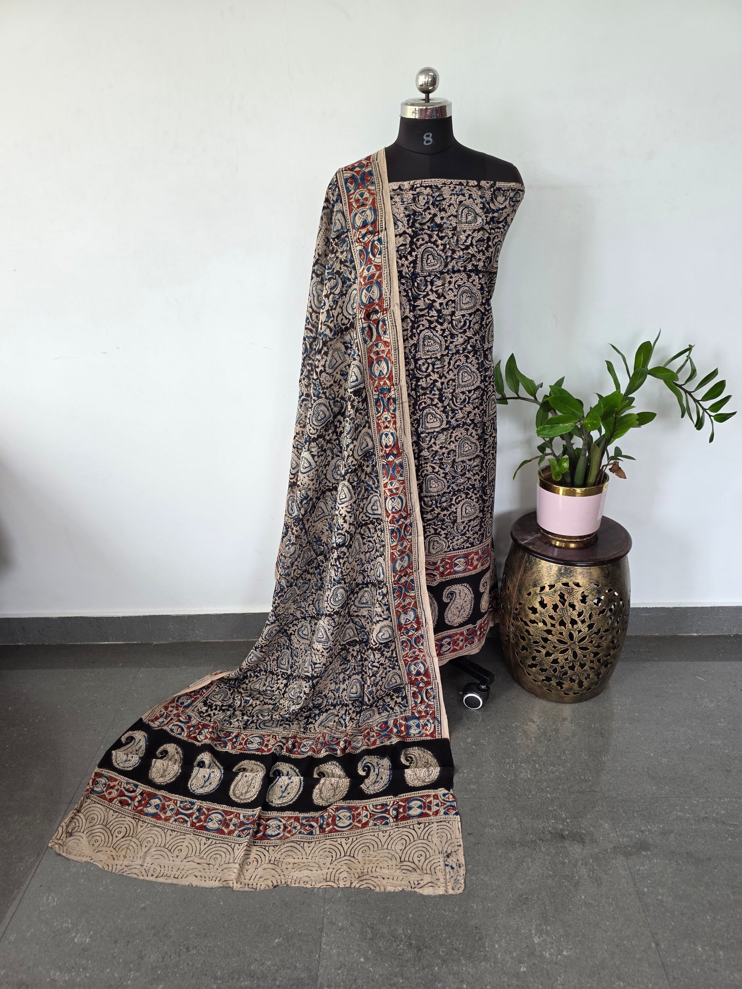Handblock pure kalamkari cotton with border ( 2 pc set )- AK183