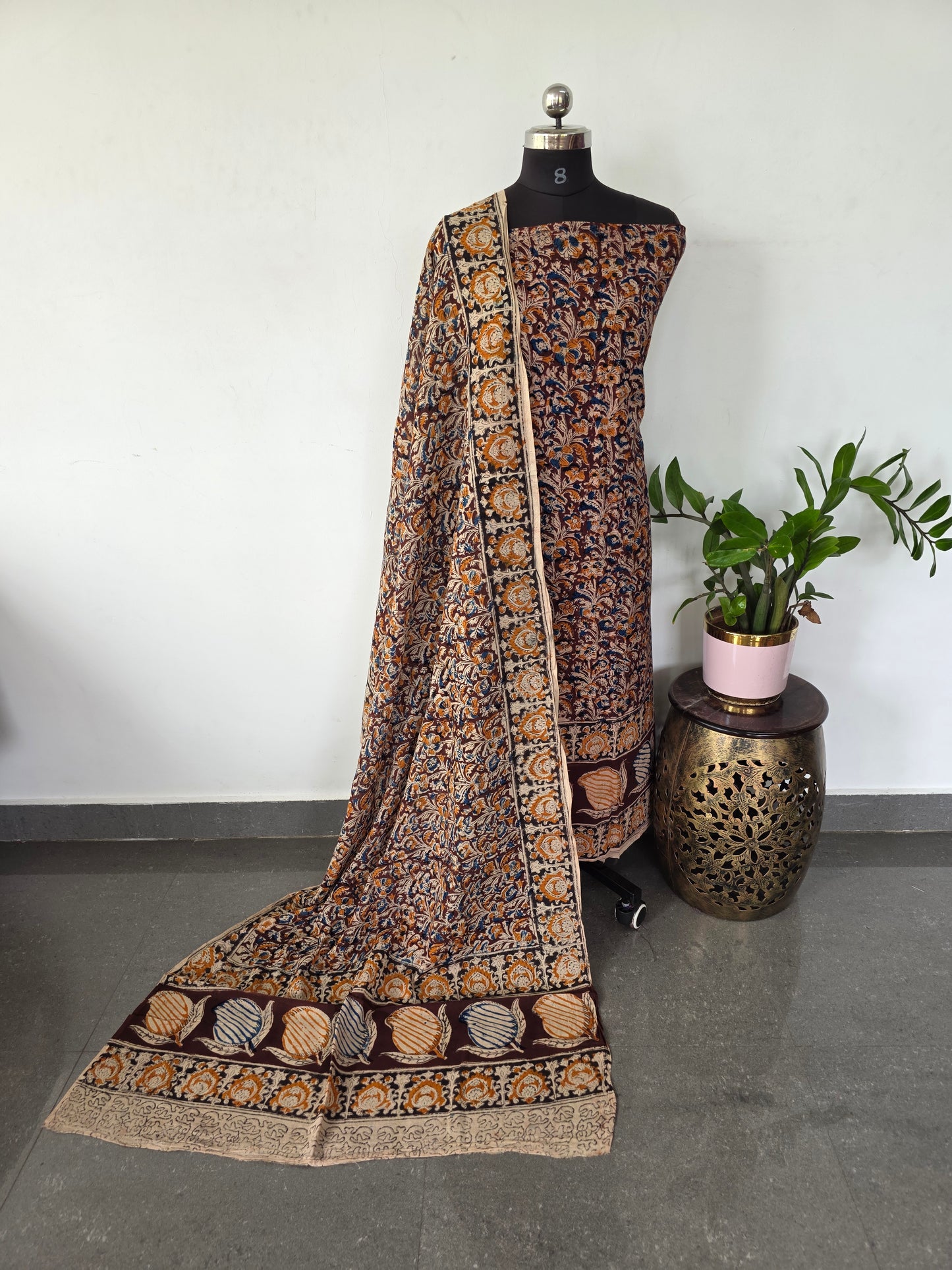 Handblock pure kalamkari cotton with border ( 2 pc set )- AK184