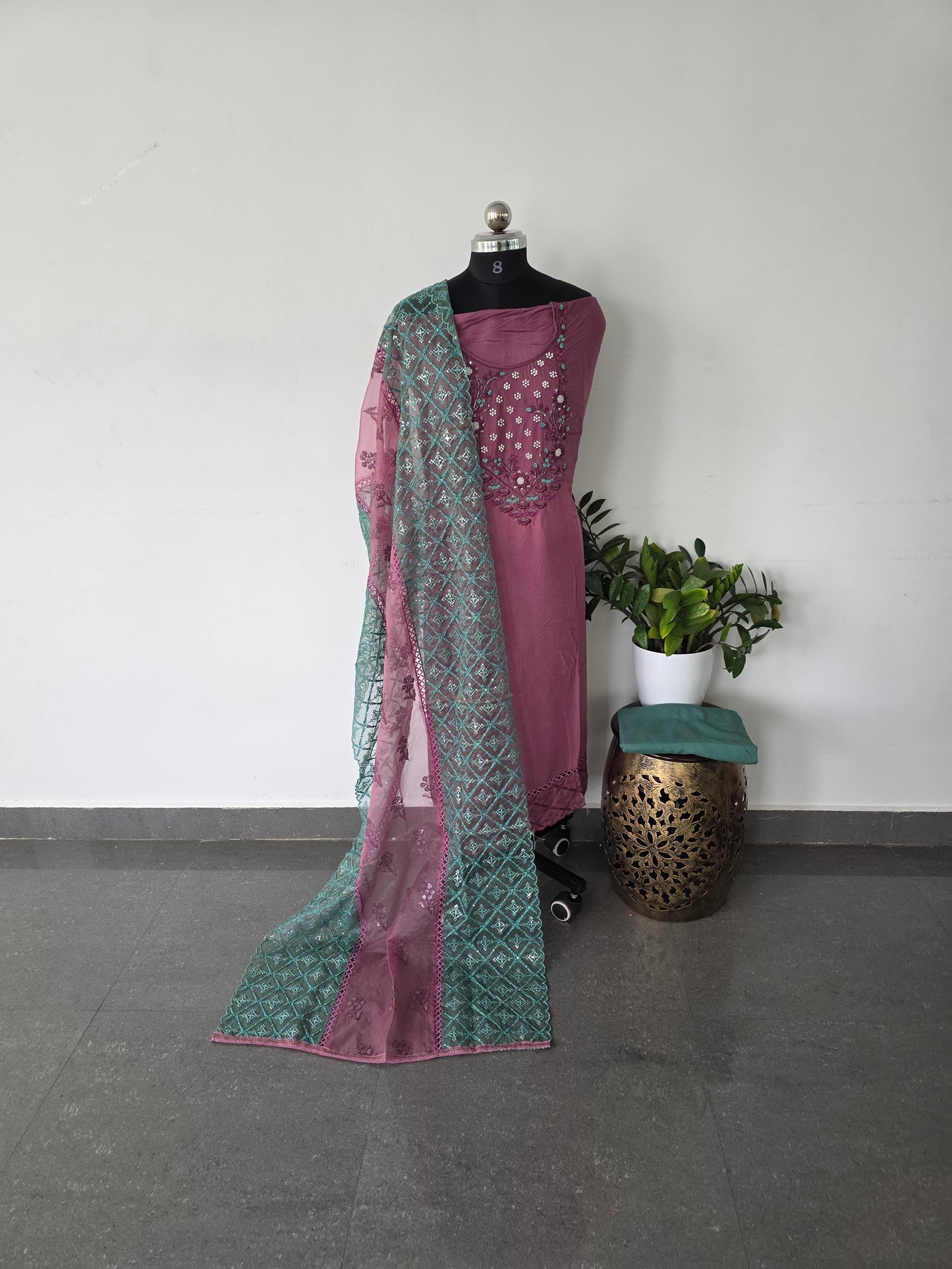 Embroidery muslin silk with organza silk shawl - DS84