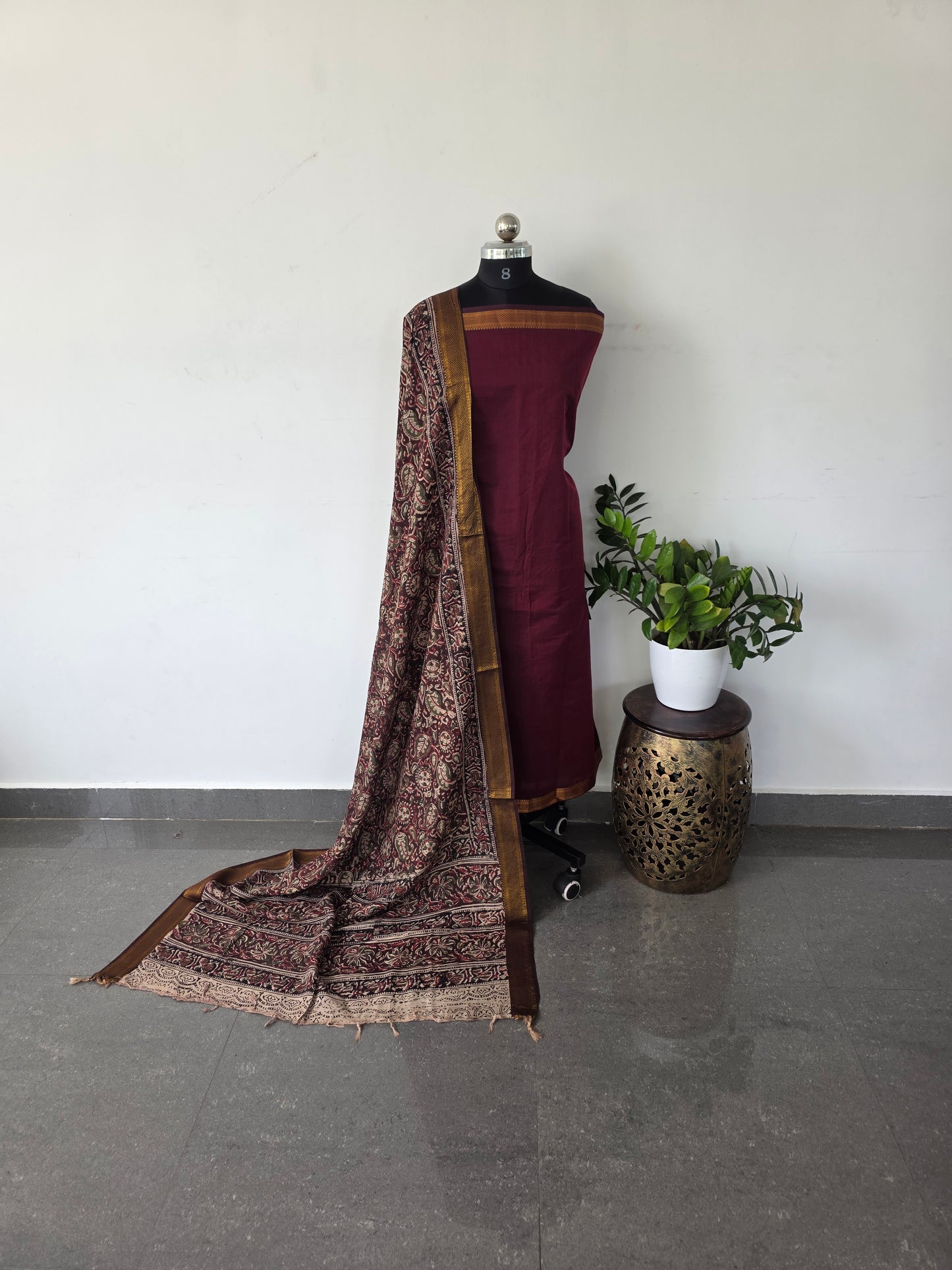 Premium mangalagiri cotton top with handblock pure kalamkari silk shawl - MK5
